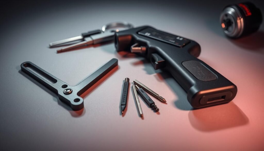 A close-up view of modern car lock picking tools and techniques, including a slim jim, lock picks, and an electronic lock pick gun. The tools are arranged on a clean, grey background, with dramatic lighting that casts long shadows, creating a moody, technical atmosphere. The image showcases the intricate mechanisms and specialized equipment used by skilled technicians to access vehicle interiors without keys, emphasizing the complex nature of modern automotive security systems.