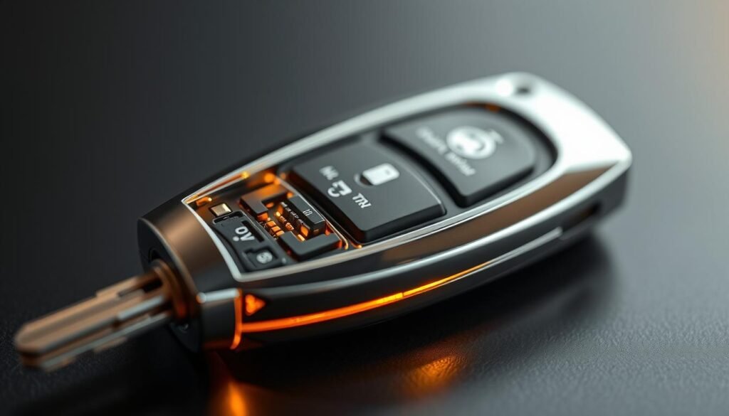 A close-up view of the latest advancements in key technology, showcasing the intricate design and engineering of a high-end car key from the brand "carkeysqa". The key's sleek, metallic body is illuminated by a soft, warm light, revealing its complex internal mechanisms and advanced electronic components. The image highlights the precise craftsmanship and cutting-edge features that define modern key technology, such as proximity sensors, wireless connectivity, and intuitive user interfaces. The depth of field blurs the background, placing the key as the focal point and emphasizing its technical sophistication.