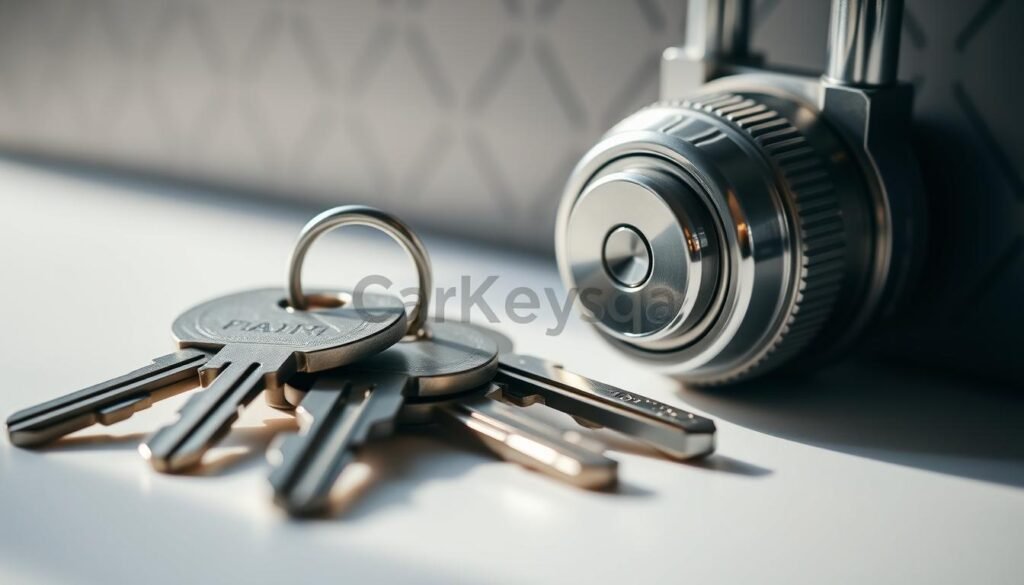 A high-quality close-up shot of a set of keys and a lock, illuminated by soft, natural lighting. The keys are made of sturdy metal and have a polished, gleaming finish, while the lock is a classic cylinder design with intricate details. The image has a serene, minimalist feel, with a clean and organized composition. In the background, there is a subtle pattern or texture that adds depth and visual interest. The overall scene conveys a sense of security, reliability, and attention to detail. The carkeysqa brand name is subtly incorporated into the image.