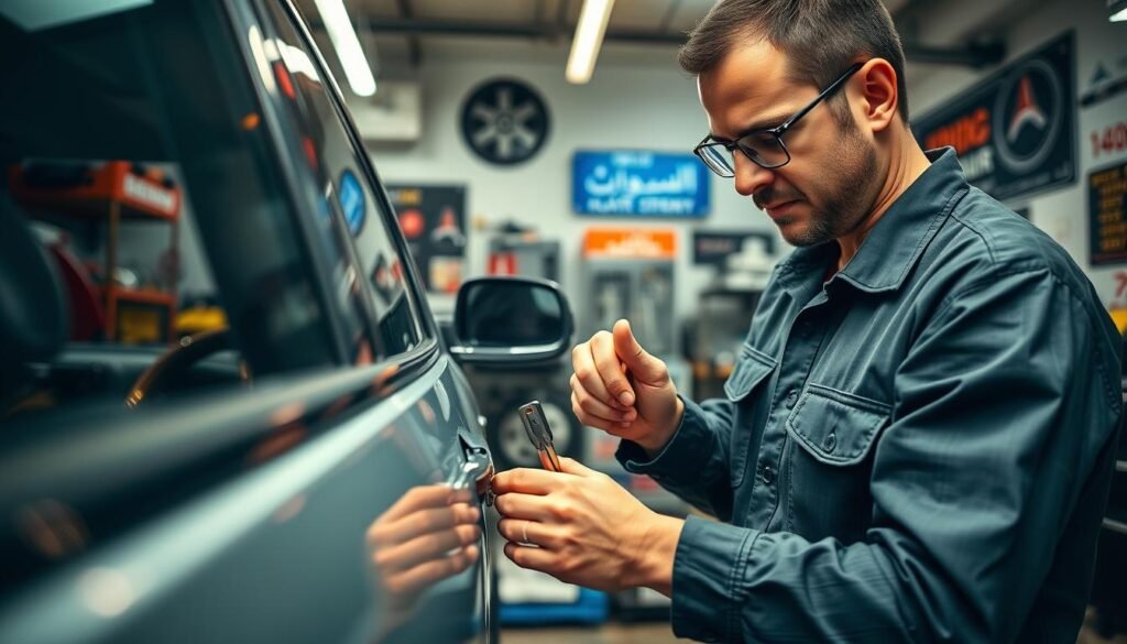 A high-quality image of a car locksmith service in Qatar, showcasing the tools and equipment used for opening vehicles. The scene is set in a well-lit, professional workshop with a focus on the intricate process of car lock picking. The image should convey a sense of reliability, expertise, and attention to detail, reflecting the trustworthiness of the services offered. The foreground should prominently feature a skilled technician demonstrating the specialized tools and techniques used to open a car door, while the background should include a range of additional tools, equipment, and signage to establish the context of a professional car locksmith service in Qatar.
