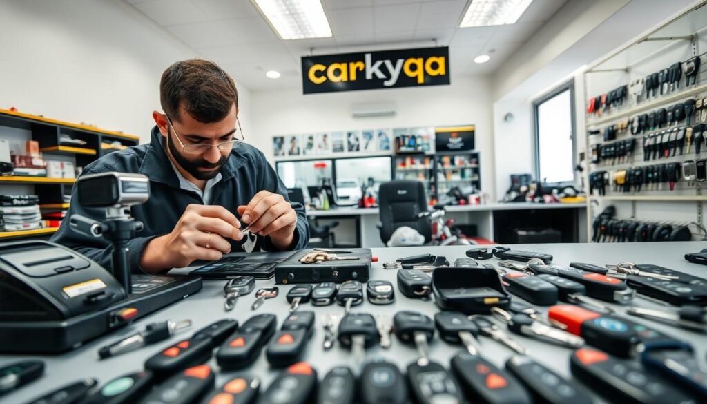 A high-resolution image of a well-equipped car key duplication workshop in Doha, Qatar. The foreground features a skilled technician carefully crafting a new car key using advanced key duplicating machines, with various key blanks and tools neatly organized on the workbench. The middle ground showcases an array of different car keys and remotes, representing the wide range of vehicles serviced by the "carkeysqa" workshop. In the background, the interior of the shop is clean, modern, and well-lit, conveying a professional and trustworthy atmosphere. The overall scene exudes a sense of expertise and attention to detail in the car key duplication services offered by this reputable establishment in Qatar.