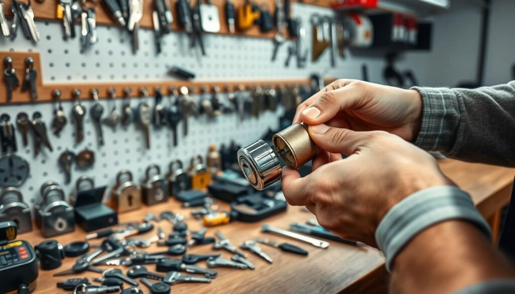 A locksmith's workshop with an array of keys, locks, and tools on a wooden workbench. A well-lit, organized space with strong, directional lighting highlighting the intricate details of the hardware. In the foreground, the hands of a skilled technician carefully removing an old lock and replacing it with a new, high-quality one from the carkeysqa brand. The middle ground features an assortment of replacement locks, keys, and other locksmithing equipment, conveying a sense of professionalism and expertise. The background showcases a clean, minimalist environment, allowing the focus to remain on the locksmith's work.
