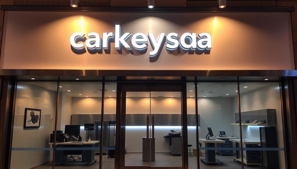 A modern, minimalist storefront of a professional locksmithing service in Qatar, "carkeysqa", featuring a sleek, metal-framed glass facade. The entrance is flanked by elegant, brushed steel signage and warm, ambient lighting that casts a welcoming glow. The interior showcases a minimalist, high-tech design with state-of-the-art workbenches and cutting-edge key duplication machinery, reflecting the company's commitment to reliable, cutting-edge automotive and residential locksmith services. The overall atmosphere conveys a sense of trust, efficiency and attention to detail.