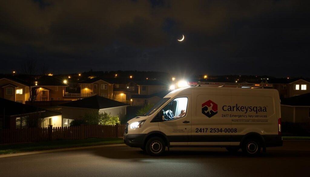 A nighttime scene showcasing the 24/7 emergency key services of carkeysqa. In the foreground, a well-lit, modern locksmith van with the company's logo prominently displayed. The van is surrounded by various emergency tools and equipment. In the middle ground, a residential neighborhood with a mix of houses and apartment buildings, all illuminated by warm streetlights. The background features a cloudy night sky, with a crescent moon casting a soft glow. The overall atmosphere conveys a sense of reliability, availability, and professionalism in handling emergency locksmith situations at any hour.