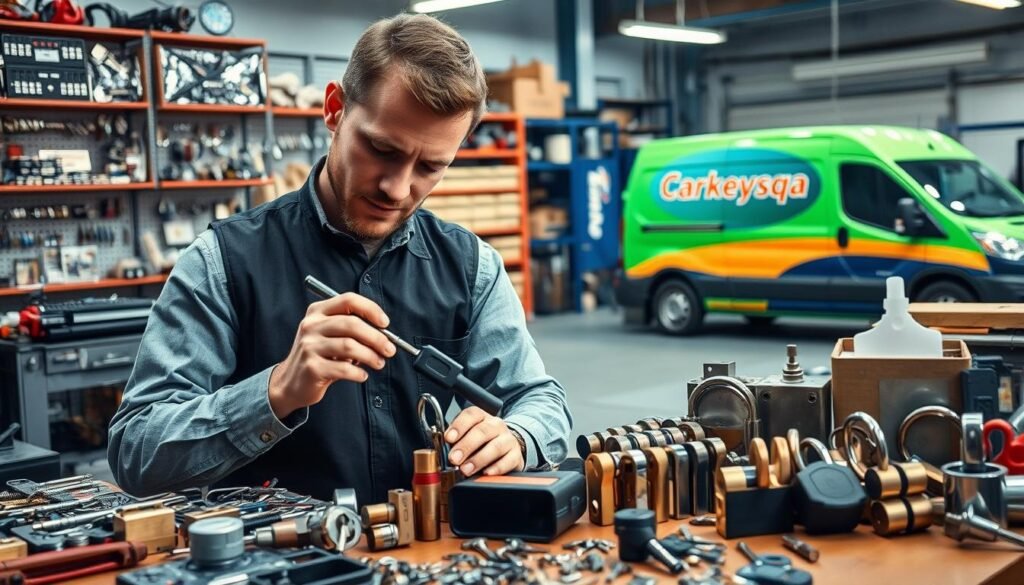 A photo of a professional locksmith service provider, showcasing their expertise in opening and repairing household locks and doors. The foreground features a skilled technician in a crisp uniform, carefully examining a lock mechanism with various tools. The middle ground depicts a range of locksmithing equipment, including pick sets, key duplicators, and a variety of lock types. In the background, a well-stocked workshop with shelves of spare parts and a carkeysqa branded van, conveying the reliability and comprehensive nature of the services offered. The overall scene exudes a sense of expertise, efficiency, and attention to detail.