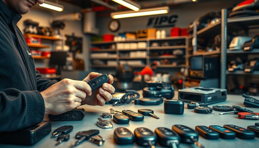 A photorealistic image of a professional automotive locksmith's workshop in Doha, Qatar. The foreground features a skilled technician carefully duplicating a car key using specialized equipment. In the middle ground, various keys, key fobs, and programming tools are organized on a workbench. The background showcases the workshop's modern, well-equipped interior, with shelves of automotive parts and diagnostic equipment. Soft, warm lighting casts a pleasant ambiance, and the overall composition conveys a sense of expertise, efficiency, and reliability in the car key duplication services offered.