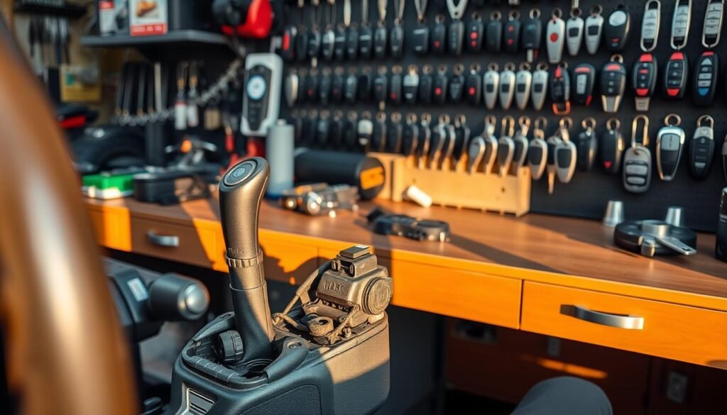 A professional auto locksmith's workshop, featuring a well-equipped workbench with an array of specialized tools and equipment. In the foreground, a car's steering column is disassembled, exposing the intricate ignition lock mechanism. Warm, directional lighting casts dramatic shadows, highlighting the precision and craftsmanship required to repair and reprogram car keys and locks. In the background, a display of various key fobs and remotes for different vehicle makes and models, conveying the comprehensive nature of the locksmith's services. The overall scene exudes a sense of technical expertise and attention to detail, befitting the skilled repair of automotive security systems.