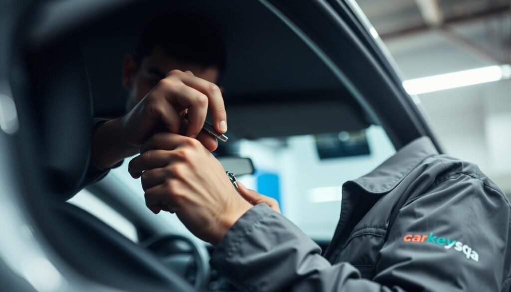A professional locksmith in Qatar, working on a locked car in a well-lit garage. The scene is captured from a low angle, emphasizing the intricate detail of the locksmith's tools and the car's interior. The locksmith's face is obscured, focusing on their skilled hands as they delicately pick the lock, with a carkeysqa logo visible on their uniform. The atmosphere is one of calm focus and expertise, reflecting the reliable car unlock services offered in Qatar.