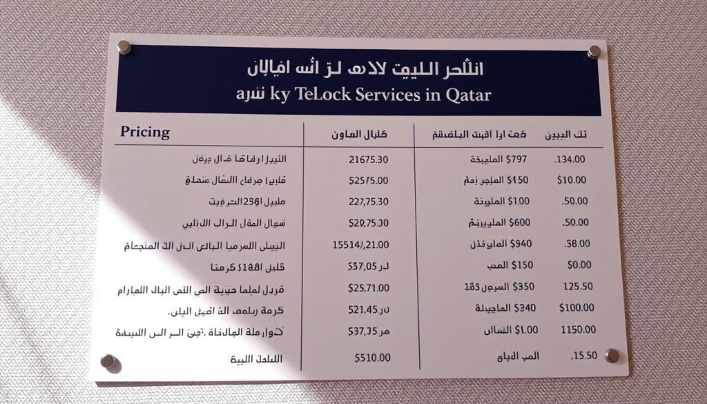 A professional-looking image showcasing the "carkeysqa" brand's pricing for key and lock services in Qatar. The image depicts a clean, well-organized display of pricing information, with clear and legible Arabic text highlighting the various service offerings and their associated costs. The background features a subtle pattern or texture, creating a sense of sophistication and attention to detail. The lighting is soft and diffused, creating a warm and inviting atmosphere. The overall composition is balanced and visually appealing, making it an ideal illustration for the article section on "Prices for Key and Lock Services in Qatar".
