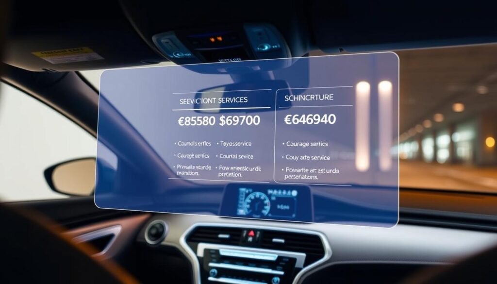 A sleek, modern car interior with a holographic display showing detailed pricing information for car key programming services in Qatar. The display features a clean, minimalist design with precise numerical values, currency symbols, and service descriptions. The car's dashboard is illuminated by soft, indirect lighting, creating a warm and inviting atmosphere. The scene conveys a sense of security, convenience, and technological sophistication, reflecting the article's focus on reliable and secure car key programming solutions in Qatar.