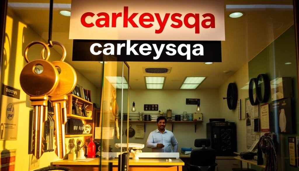 A vibrant office storefront with the sign "carkeysqa" prominently displayed. The entrance is flanked by a pair of ornate brass keys, casting warm reflections on the polished glass. Inside, a well-organized workspace with various key-cutting tools and duplicating machines. The lighting is a harmonious blend of natural sunlight and soft incandescent bulbs, creating a welcoming atmosphere. The counter is manned by a friendly staff member, ready to assist customers with their key-related needs. The overall scene conveys a sense of reliability, expertise, and dedication to providing exceptional key services in Qatar.