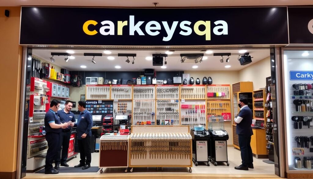A vibrant storefront with the brand name "carkeysqa" prominently displayed, showcasing a diverse array of key duplicates, locksmithing tools, and security accessories. In the foreground, a team of skilled technicians, dressed in professional attire, assists customers with an array of key-related services. The middle ground features a well-organized display of key blanks, key cutting machines, and a selection of high-quality locks, creating a sense of expertise and reliability. The background depicts a warm, inviting atmosphere with soft lighting and a clean, modern design, conveying the professionalism and trustworthiness of the establishment. This image aims to capture the essence of "محل مفاتيح قطر" and its commitment to providing reliable key services to the local community.