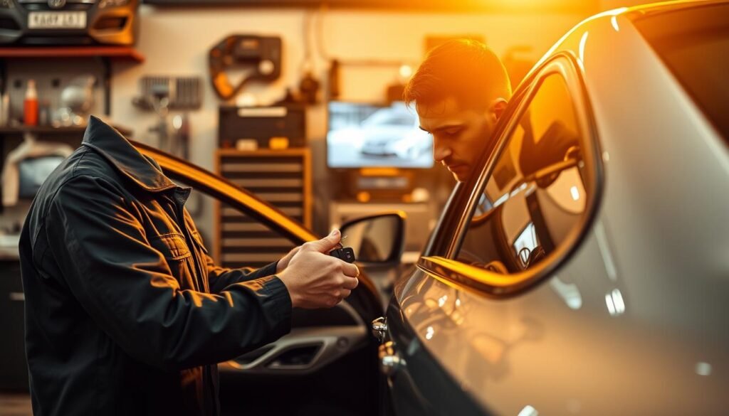 A well-lit automotive workshop, with a professional car locksmith carefully examining the lock mechanism of a luxury sedan. The scene is bathed in warm, golden light, creating a sense of expertise and precision. In the background, various specialized tools and equipment are neatly organized, conveying the technician's attention to detail and commitment to providing reliable car unlocking services. The image should capture the seamless, secure, and trustworthy nature of the car key programming and car door opening services offered in Qatar, as described in the article's section title.