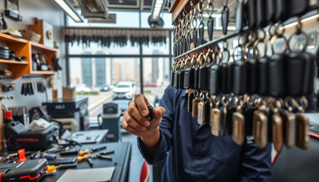 A well-lit, high-angle shot of a bustling auto locksmith shop in Doha, Qatar. The foreground showcases a skilled technician closely examining a car key, surrounded by an array of specialized tools and equipment. In the middle ground, rows of duplicate keys hang neatly on display, reflecting the shop's expertise in key duplication services. The background reveals the vibrant urban landscape outside, with modern buildings and the distinctive architecture of the region. The overall scene conveys a sense of professionalism, efficiency, and the reliable automotive locksmith services available to customers in Qatar.