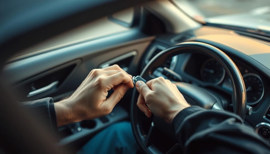 A well-lit, high-angle shot of a car's interior, with a person's hands delicately working on the steering column, attempting to unlock the vehicle. The scene should convey a sense of expertise and professionalism, with the car's dashboard and upholstery visible in the background, lending authenticity to the setting. Soft, warm lighting should highlight the intricate details of the locksmith's tools and the car's features, creating an atmosphere of skilled problem-solving. The composition should be balanced, drawing the viewer's attention to the central action, while providing enough context to understand the situation.