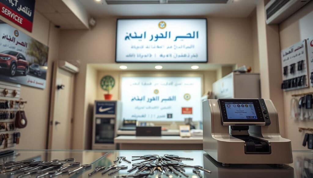 A well-lit, high-quality photograph of a professional key duplication shop in Qatar, with a clean and organized interior. The foreground features a display of various key types and a modern key cutting machine. The middle ground showcases the shop's branding and signage, reflecting a trustworthy and reliable service. The background depicts a warm, inviting atmosphere with subtle Middle Eastern architectural elements. The lighting is soft and natural, highlighting the precision and care taken in the key duplication process. The overall image conveys a sense of expertise, attention to detail, and a commitment to providing excellent locksmith services to the local community.