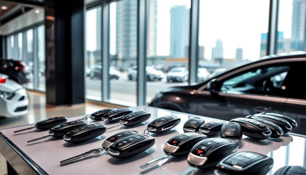 A well-lit interior car showroom, showcasing a range of sleek, modern car keys on a display shelf. The keys are arranged in an organized manner, with clear lighting highlighting their intricate designs and high-quality materials. In the background, a large window offers a view of the bustling city streets outside, reflecting the advanced technological capabilities of the key programming services offered. The overall atmosphere conveys a sense of professionalism, attention to detail, and the reliable expertise of the key programming specialists in Qatar.
