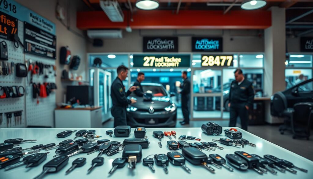 A well-lit, modern automobile locksmith shop with a vibrant, professional atmosphere. The foreground features a display of various car keys, key fobs, and locksmith tools on a clean, well-organized workbench. The middle ground showcases a team of skilled technicians in uniform, attentively assisting customers. The background depicts the exterior of the shop, with a signage highlighting the 24/7 availability of the locksmith services. The lighting is warm and inviting, creating a sense of reliability and expertise. The overall composition conveys the efficiency, professionalism, and dedication of the automotive locksmith services offered.