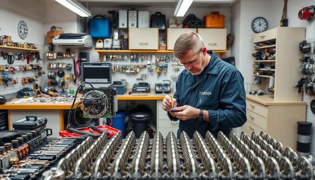 A well-lit workshop interior showcasing a variety of traditional and electronic locks. In the foreground, a skilled locksmith carefully inspects and repairs a complex electronic lock mechanism, surrounded by an array of specialized tools. In the middle ground, rows of traditional locks and keys are neatly organized, reflecting the workshop's expertise in both modern and classic security solutions. The background features a carkeysqa branded workbench, cabinets, and shelves filled with a wide range of lock-related parts and accessories, conveying the comprehensive nature of the services offered.
