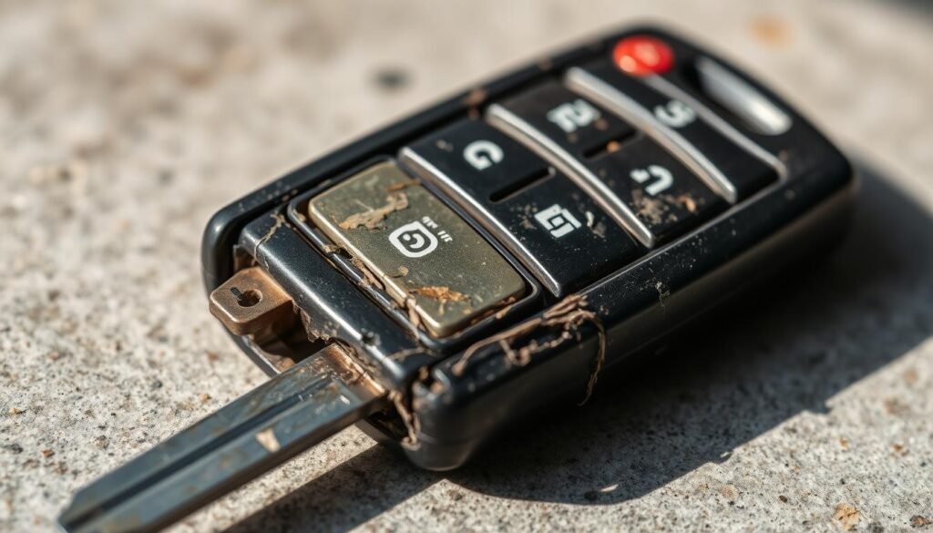 A worn and damaged electronic car key, with a cracked plastic casing, corroded metal components, and faded buttons. The key is depicted in a close-up shot, highlighting the signs of wear and tear, such as scratches, discoloration, and loose parts. The lighting is soft and natural, casting subtle shadows to accentuate the texture and details of the key. The background is slightly out of focus, creating a sense of depth and emphasizing the key as the focal point. The overall mood is one of aging and deterioration, conveying the need for a reliable solution to replace or reprogram the key.