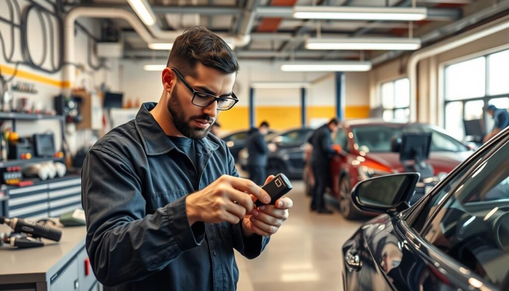 a highly detailed, photorealistic image of a car locksmith service in Qatar, capturing the comprehensive services they provide. The scene depicts a well-equipped workshop with a variety of specialized tools and equipment, including key duplicators, code cutting machines, and diagnostic devices. In the foreground, a skilled technician is carefully examining a car key, while in the background, other technicians are attending to various vehicles. The lighting is warm and inviting, creating a professional and trustworthy atmosphere. The workshop is clean, organized, and equipped with modern amenities, conveying the reliable and efficient nature of the services offered. The overall composition highlights the expertise and attention to detail that defines the "فتح سيارات قطر" car locksmith services.